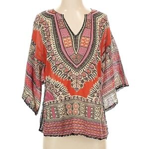 Free People Boho Tribal Kaftan Blouse Sheer Lightweight Tunic Top Coverup